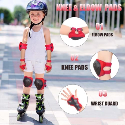 Kids/Youth Knee Pads Elbow Pads for 3-14Years Boys Girls 6 in 1 Kids Protective Gear Set Adjustable for Skating Cycling Bike Rollerblading Scooter Roller Skates