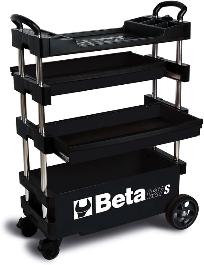 Beta C27S Collapsible Rolling Tool Cart | Heavy-Duty Mobile Metal Tool Trolley with Locking Drawers, 4” Steering Wheels, Brake System | Thermoplastic Worktop | Black