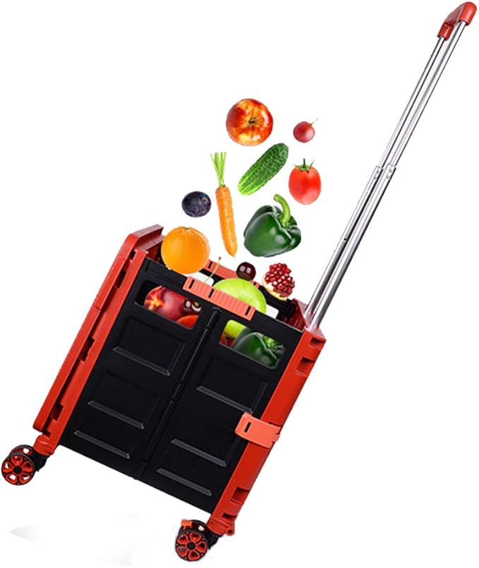 Foldable Utility Cart Folding Portable Rolling Crate Handcart Shopping Trolley Wheel Box with Lid Wear-Resistant Noiseless 360°Rotate Wheel for Travel Shopping Moving Storage Office Use (Red)