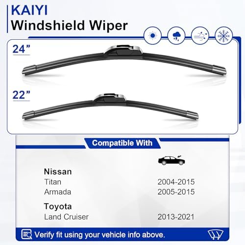 KAIYI 24" + 22" Windshield Wipers Compatible with Nissan Titan 2004-2015,Toyota Land Cruiser 2013-2021,Nissan Armada 2005-2015 Premium Automotive Replacement Windshield Wiper Blades 2 Pack