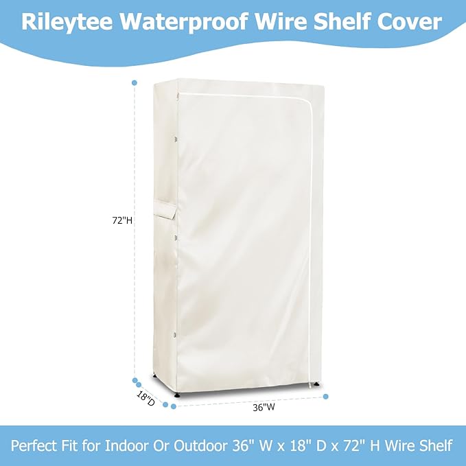 Rileytee Wire Shelf Cover,Heavy Duty 600D Dustproof Waterproof Shelf Covers for Wire Shelving,Outdoor Storage Rack Cover for Wire Rack with Zipper,White,36"W x 18"D x 72"H