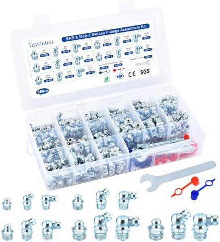 260 PCS SAE & Metric Grease Fittings Kit - Hydraulic Zerk Assortment 1/4" 1/8" M6 M8 M10 with Straight, 45°, and 90° Degree Heads for Automotive and Industrial Use, Galvanized Steel Set