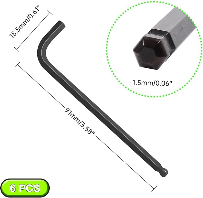 1.5mm Extra Long Arm Ball End Hex Key Set, 6pcs L-Shaped Allen Wrenches, CR-V Steel, Black Oxide Finish, High Torque Repairing Tool for Furniture, Bike, Equipment Maintenance
