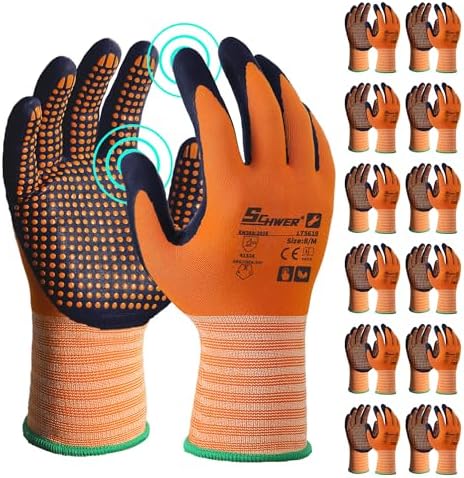 Schwer 12 Pairs Safety Work Gloves, MicroDot Abrasion & Grip, LT5619, M