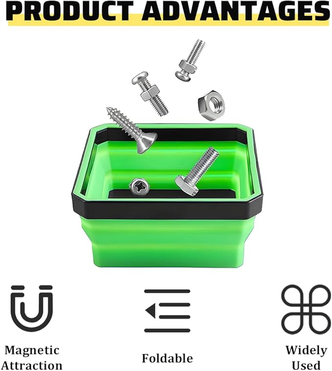 Collapsible Magnetic Car Parts Tray, Foldable Silicone Tool Tray with Magnetic Base, Double-Side Magnet Bowl for Auto Bolts, Screws, Nuts, Small Metal Parts, Universal Fit (Green)