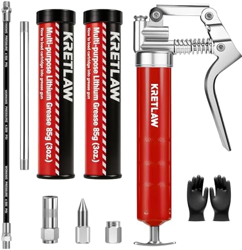 KRETLAW Mini Grease Gun (3000PSI) with Double 3oz Cartridge Grease and 12'' Flex Hose, Reinforced Coupler for Automotive, Red