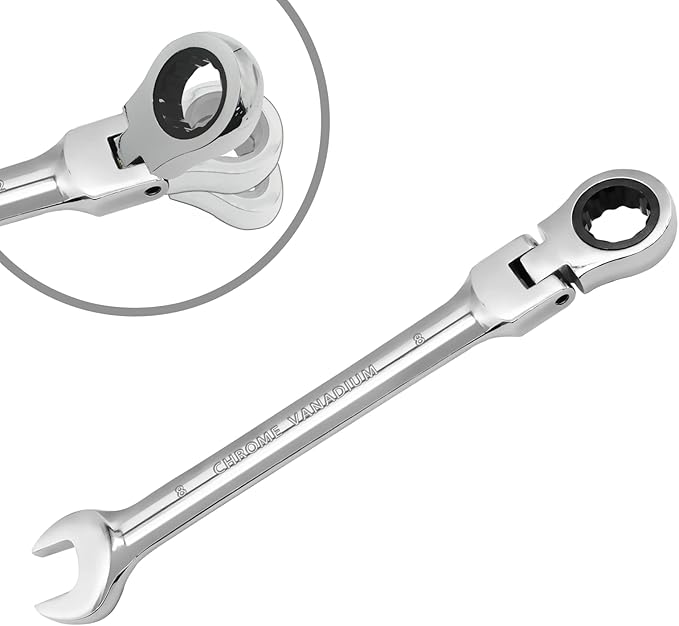 8mm Flex Head Ratchet Wrench, 12 Point Chrome Vanadium Steel Combination Spanner with 72 Tooth Ratcheting Gear, Metric Industrial Grade Tool for Automotive and Mechanical Maintenance