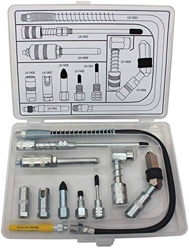 Lumax LX-1470 Silver Lubrication Accessory Kit, 11-Piece. Kit Contains 11 of Lumax’s Most Popular lube Accessories. Organize and Store in Convenient Storage case.