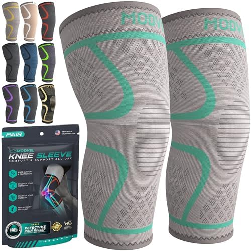 Modvel Compression Knee Brace for Women & Men - 2 Pack Knee Brace for Running Knee Pain, Knee Support Compression Sleeve, Workout Sports Knee Braces for Meniscus Tear ACL & Arthritis Pain Relief