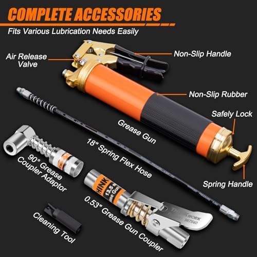 THINKWORK Upgraded 8000 PSI Grease Gun Kit with 0.53" Coupler & 90° Adaptor