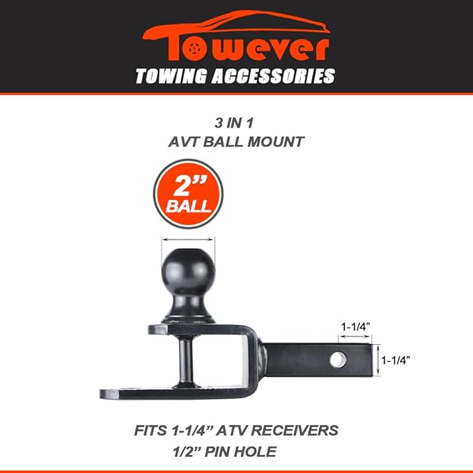 84031 Towever ATV Hitch Ball Mount 2 inch Ball with 1-1/4 inch Solid Shank, with 1/2 inch Pin & Clip, Rated 2000 lbs