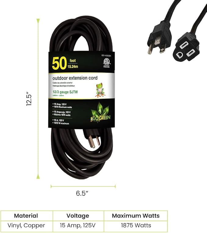 Go Green Power Inc. (GG-14050BK) 12/3 SJTW Outdoor Extension Cord, Black, 50 ft