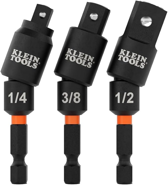 Klein Tools 65813SW 3-Piece Impact Swivel Socket Adapter Set, 1/4", 3/8", 1/2" Square Drive, Impact Driver to Socket Extensions, 20-Degree Swivel, Impact-Rated, Ball Detent