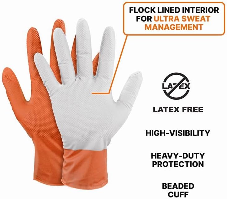 GLOVEWORKS Industrial Orange Disposable Gloves, Flock-Lined Nitrile Gloves, Raised Diamond Textured Grip, 8 mil