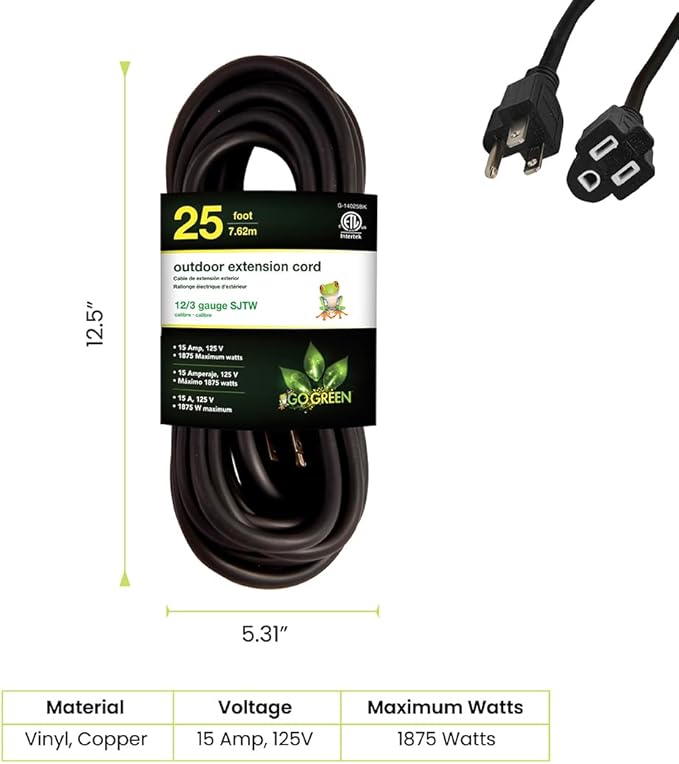 Go Green Power Inc. (G-14025BK) 12/3 SJTW Outdoor Extension Cord, Black, 25 ft