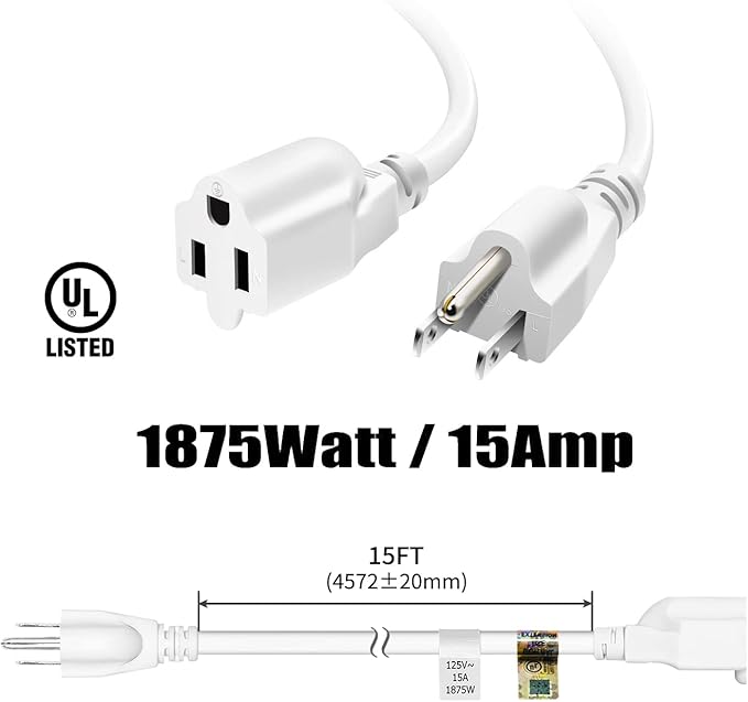 FIRMERST 14 AWG 3 Prong Extension Cord 15 ft 1875W 15A White, UL Listed