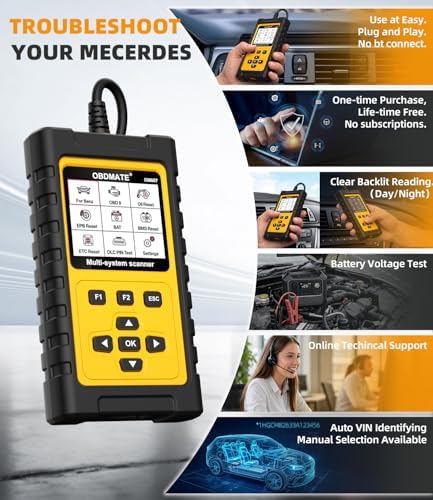 OBD2 Scanner for Mercedes Benz, OM807 Full System Diagnostic Tool with Resets (Oil/ETC/EPB/ABS/SAS/BAT Register...), Full OBDII Functions Read&Erase Fault Codes, Free Software Update