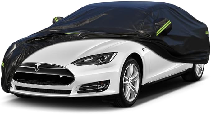 Kaugung 7 Layers Car Cover Custom Fit Tesla Model 3 from 2017 to 2025, Outdoor Waterproof All Weather Sun Rain Dust Snow Protection with Zipper Door.