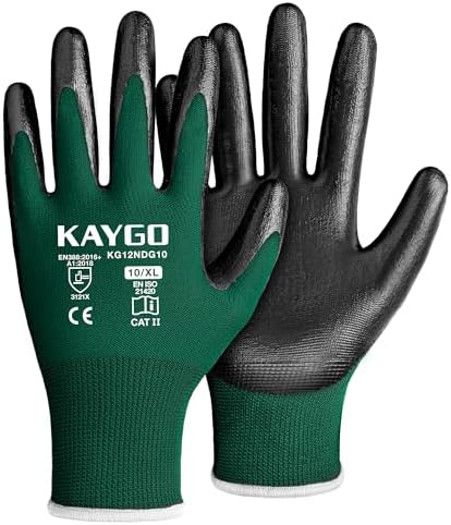 KAYGO Work Gloves for Men and Women, Black Nitrile Coated,KG12N,12Pairs