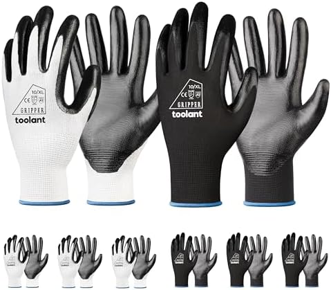 toolant Nitrile Coated Work Gloves, 6 Pairs, White&Black, X-Large