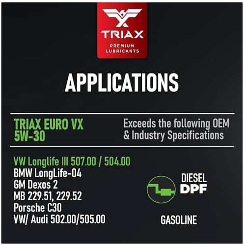 TRIAX Euro VX 5W-30 Full Synthetic Ester, Compatible with VW 507.00/504.00, VW Audi 502.00, 505.01, BMW LL-04, Porsche C30, ACEA C3, Mercedes 229.51, 229.5, 229.31 (6 Quart Pack)