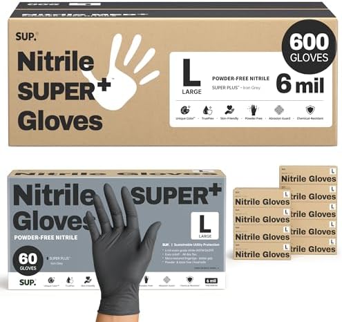 SUPER+ Black Nitrile Gloves HEAVY DUTY 6 Mil Disposable Chemical Resistant Powder & Latex Free Medical Food Safe, 60/600 Ct