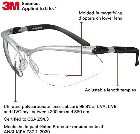 3M Safety Glasses, BX Readers, +2.0, Anti-Fog Clear Lens, Silver Frame