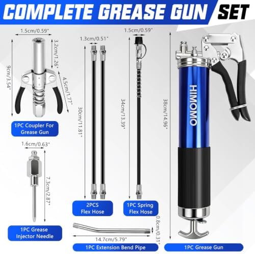 Mini Grease Gun, 7000 PSI Heavy Duty Pistol Grip Grease Gun Kit with 14 oz Capacity, Small Grease Gun Double Handle Coupler with 14" & 12" Flex Hoses, Grease Adaptor, Nozzle and Grease Needle