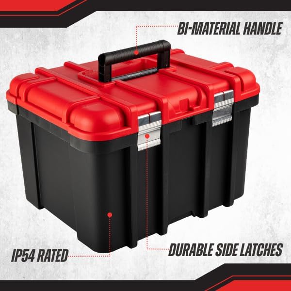 Plastic Tool Box Organizer - 18.7” Extra Large Portable Toolbox with Removable Tool Organizer Tray and Deep Storage Box - Heavy Duty Plastic Toolbox Caddy Tote with Handle by Stalwart (Red)