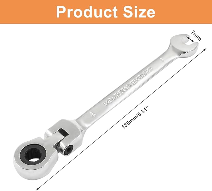Piutouyar 7mm Flex-Head Ratcheting Wrench, Professional Metric Ratchet Wrench Combination Wrench Box Ended Spanner Tool for Projects Repair(5° Movement and 72 Teeth 12 Point, CR-V)