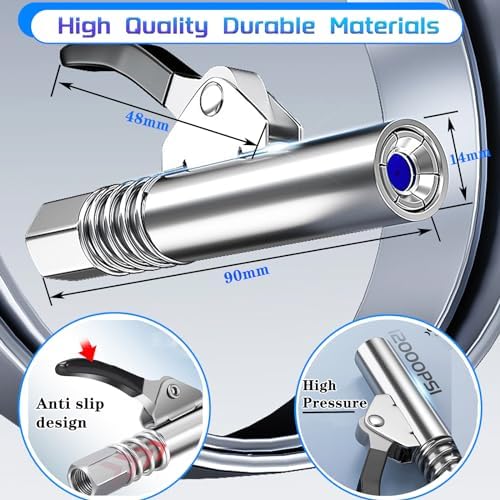 Grease Gun Coupler Quick Lock Release Lube 2pcs Grease Gun Tip Fitting+Grease Gun Hose Tube Extra Gift 9pcs Grease Nipple Nozzle M6-M10 Kit Compatible With All Grease Gun 1/8" Npt Ends 12000 PSI