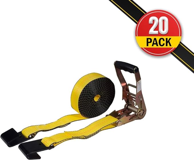 Mytee Products 20 Pack Ratchet Tie-Downs with Flat Hooks, 2" x 20' Yellow Ratchet Straps | 10,000 Lbs Breaking Strength | Tie Down Ratchet Straps for Flatbed, Truck, Trailers Pickup