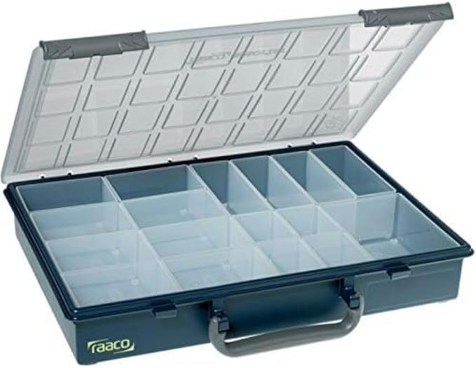 Raaco Assorter Tool Box Organizer – Full-Size – 17 Slots Adjustable Grid, Semi-Transparent Lid, Polypropylene (PP) Storage Box for Screws, Nuts and Bolts, Small Parts & Hardware (Assorter 55 4x8-17)