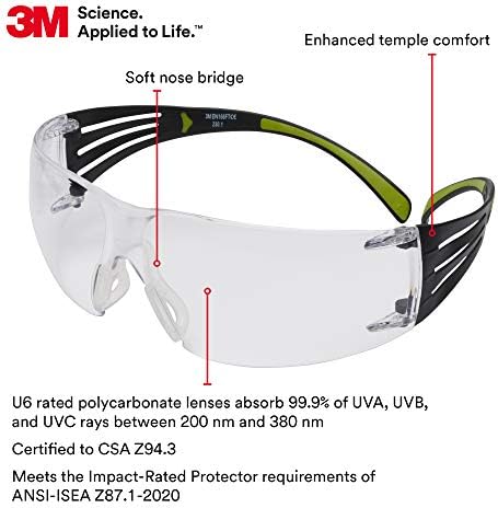 3M Safety Glasses, SecureFit 400, Clear Lens, Green/Black Frame