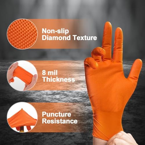 PROMEDIX P Heavy Duty Nitrile Disposable Gloves,8-mil Orange,Raised Diamond Texture Work Gloves，Industrial Work gloves