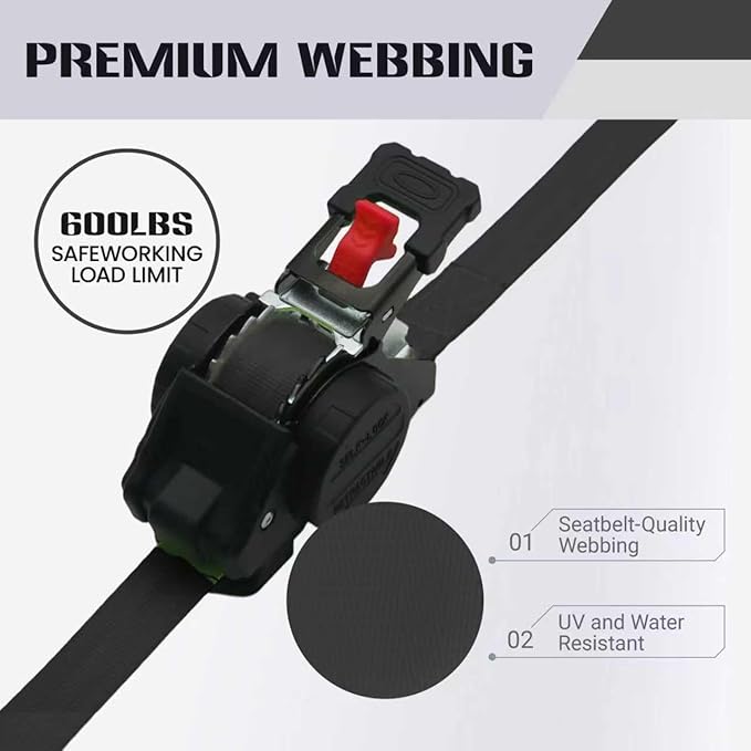 Retractable Ratchet Straps (4-Pack) - Heavy Duty Auto Slow Retraction Tie Down Straps - 1 Inch x 13 Feet (1,800lb Break Strength) for Truck, Cargo Trailer, Motorcycle, ATV, UTV - Black