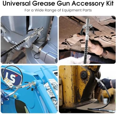 10PCS Grease Gun Accessory Kit, Universal 1/8 NPT Coupler with 12 Inch Hose, Fine & Coarse Needles, 90 Degree Adapter, Dispenser Tip for Automotive Industrial Lubrication