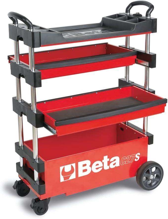 Beta C27S Collapsible Rolling Tool Cart | Heavy-Duty Mobile Metal Tool Trolley with Locking Drawers, 4” Steering Wheels, Brake System | Thermoplastic Worktop | Red