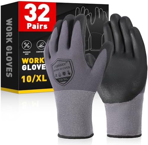 FURWEY Work Gloves, 16/32Pairs Nitrile, Seamless Nylon Knit