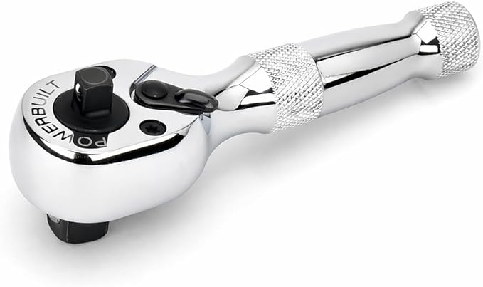 Powerbuilt Stubby 1/4-Inch and 3/8-Inch Dual Drive Ratchet Handle, 72 Tooth, Mini Ratchet Wrench, Chrome-Vanadium Steel Construction, Mirror Polish Finish, Reversible Direction Head - 940931
