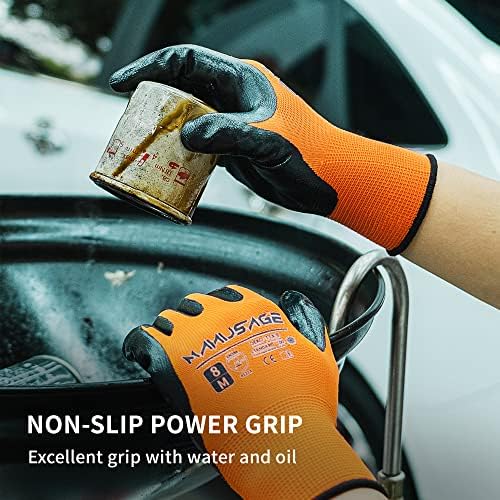 MANUSAGE Safety Work Gloves Nitrile For Men and Women, with Touchscreen Fingers, Men's Work Gloves with Grip, Mechanics Gloves (Size XL, Orange, 3-pairs)
