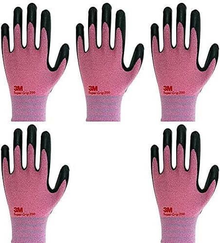 Lightweight Nitrile Work Gloves Supegrip200, 3D Comfort Stretch Fit, Durable Power Grip Foam Coated, Smart Touch, Thin Machine Washable, 5 Pairs Pack (Small, Pink)