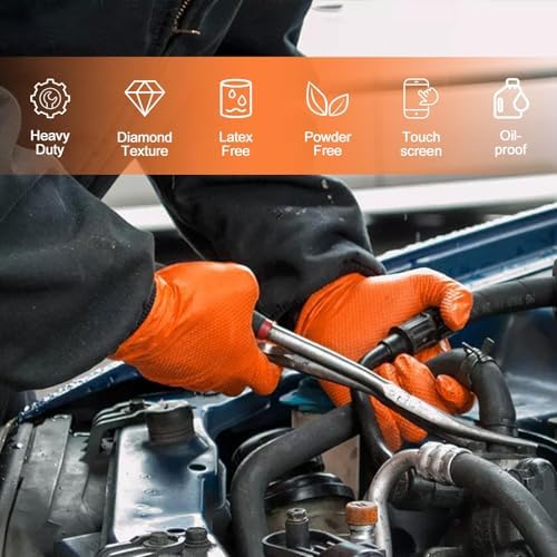 PROMEDIX P Heavy Duty Nitrile Disposable Gloves,8-mil Orange,Raised Diamond Texture Work Gloves，Industrial Work gloves