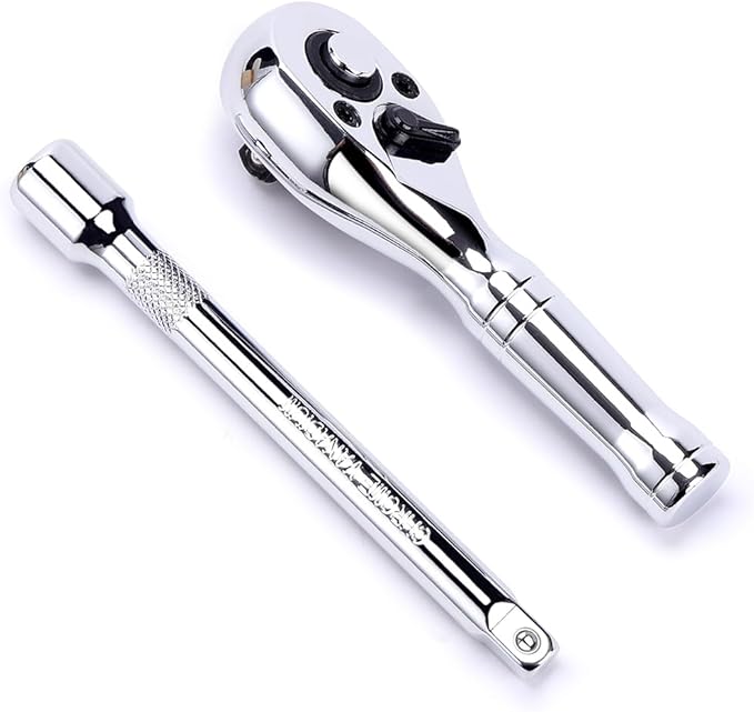1/4-Inch Drive Ratchet Wrench, 72-Tooth Stubby Quick-Release Socket Wrench with a Extension Bar(4 inch), Reversible Switch, Chrome Alloy Made, Full-Polished Chrome Plating