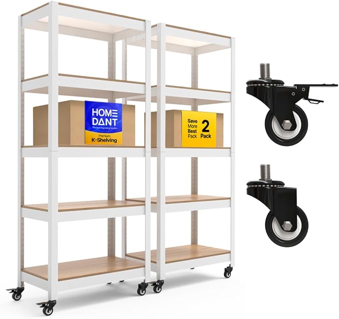 HOMEDANT House 24.4" W 5 Tier Heavy Duty Garage Shelving Adjustable Metal Rack Storage Shelves Standing Shelf Unit Organizers Pantry Closet Office White 2Pack