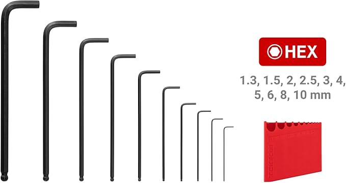 TEKTON Ball End Hex L-Key Set with Holder, 10-Piece (1.3-10 mm, Common Sizes) | KLX91202