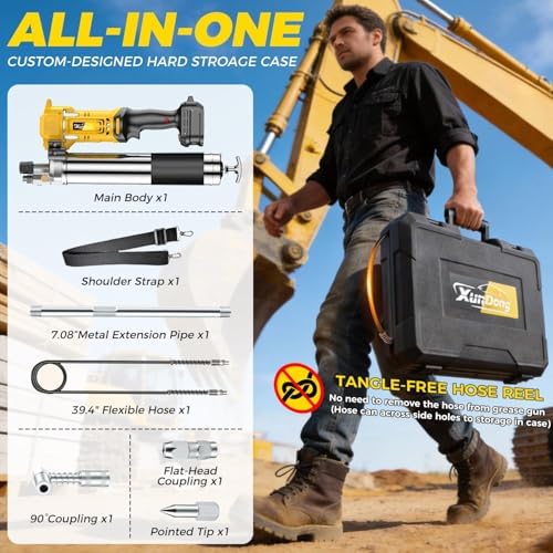 Upgraded 12800PSI Cordless Grease Gun Compatible with DeWalt 20V Battery, High-Pressure, One-Hand Operation, 39.4" Hose & 3 Couplers, Electric Grease Gun with LED Light Fits Bulk & Cartridge Grease
