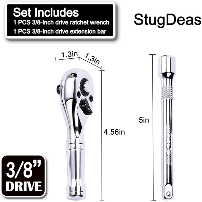 3/8-Inch Drive Ratchet Wrench, 72-Tooth Stubby Quick-Release Socket Wrench with a Extension Bar(5 inch), Reversible Switch, Chrome Alloy Made, Full-Polished Chrome Plating
