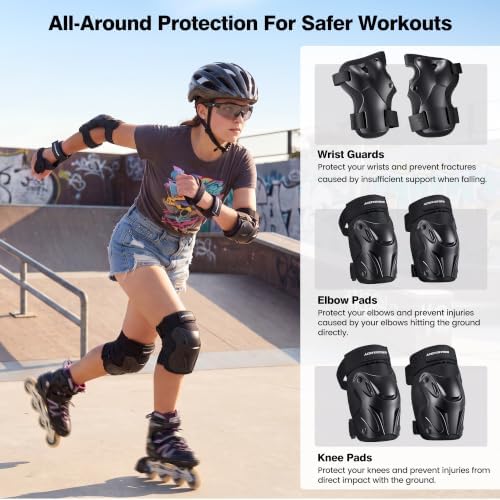 Adult & Kids Knee Pads Elbow Pads Wrist Guards 6 in 1 Protective Gear Set for Skateboarding Roller Skating Cycling Scooter BMX Outdoor Sports Black