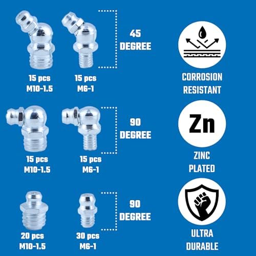 NEIKO 50466A Grease Fitting Assortment, 110 Piece, Metric, Straight & Angled Zerk Grease Fittings Kit, Zinc Plated A3 Steel, for Angled Grease Guns, Mechanical Component Lubrication, M6-1 and M10-1.5